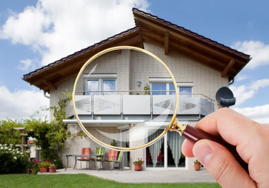 Hand holding magnifying glass over house during termite inspections