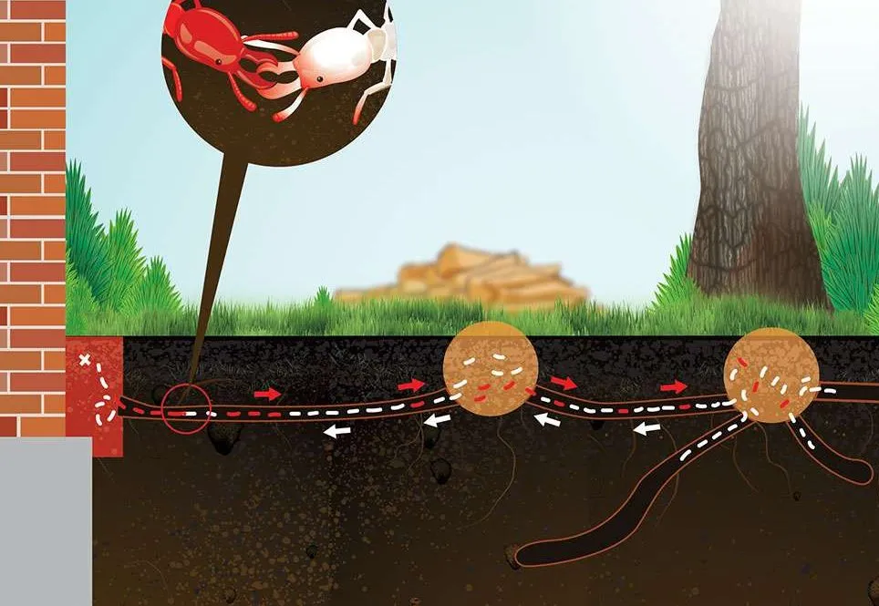 Termites navigating treated soil in Sydney underground.